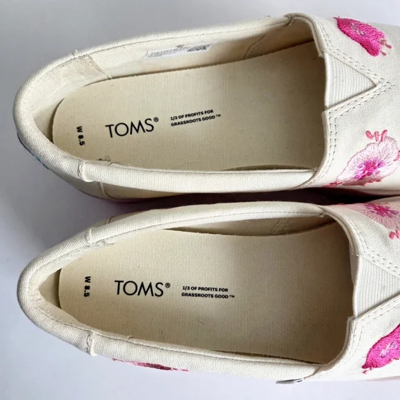 Toms Embroidered Floral On Canvas Platform Slip-On Shoes, Pink & Cream, Size 8.5 - Picture 14 of 16